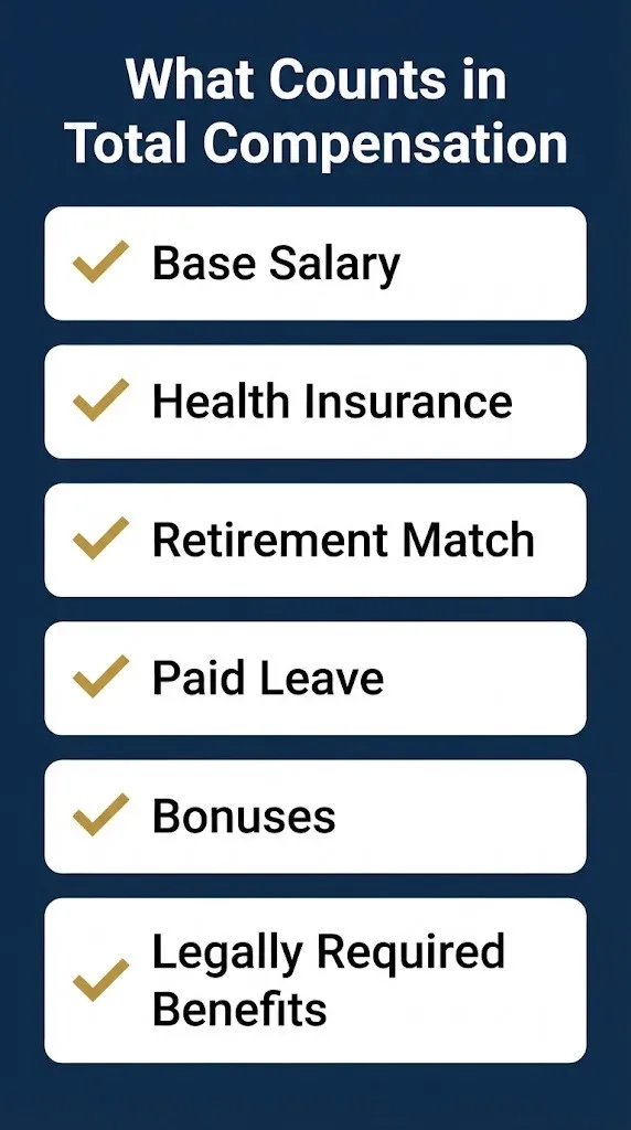 Total compensation components checklist showing salary insurance retirement and paid leave