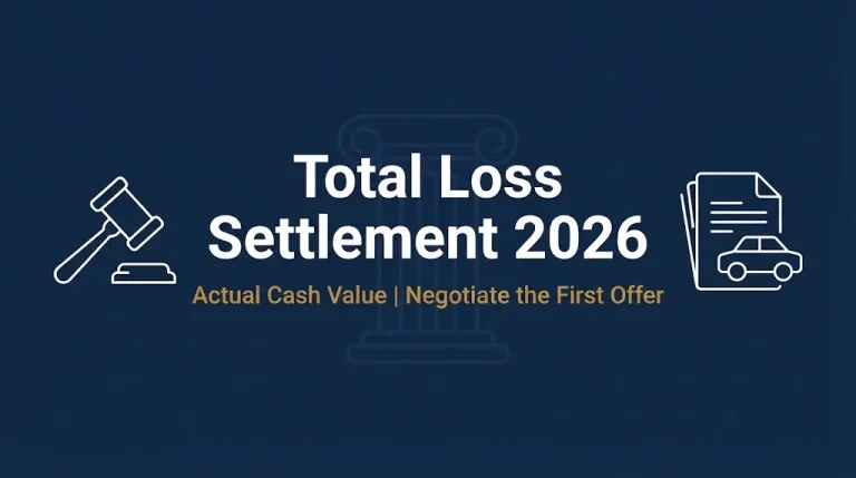 Total loss settlement 2026 banner showing actual cash value and negotiation guidance.