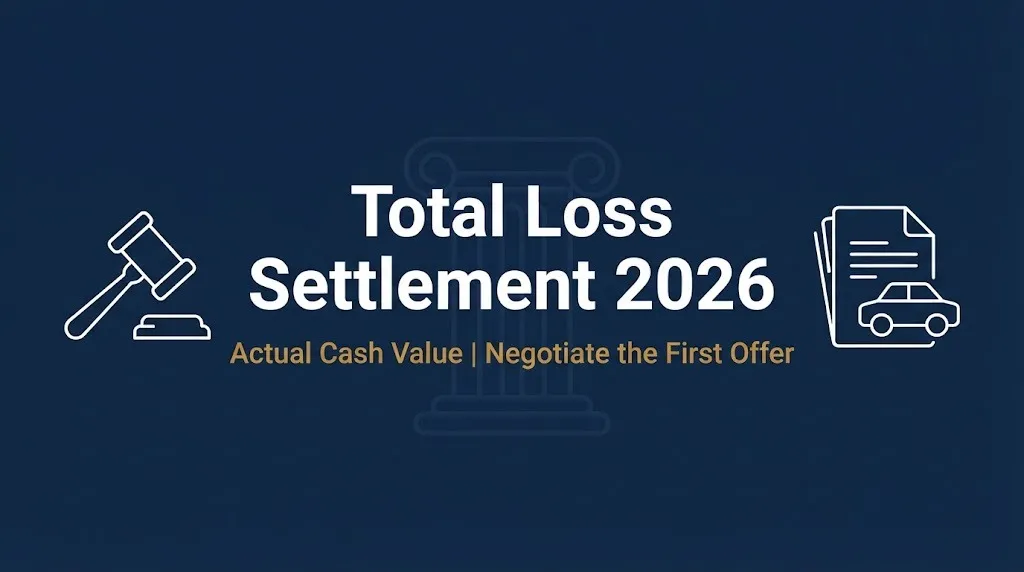 Total loss settlement 2026 banner showing actual cash value and negotiation guidance.