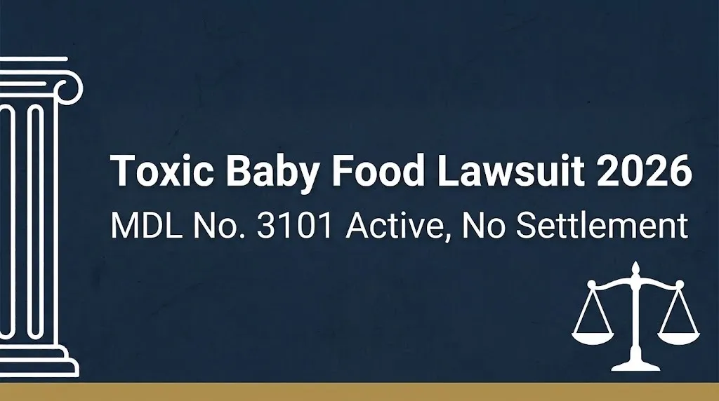 Toxic baby food lawsuit 2026 hero banner with MDL status and no settlement note