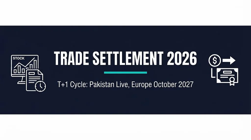 Trade settlement 2026 guide banner showing T+1 cycle adoption timeline for Pakistan and Europe.