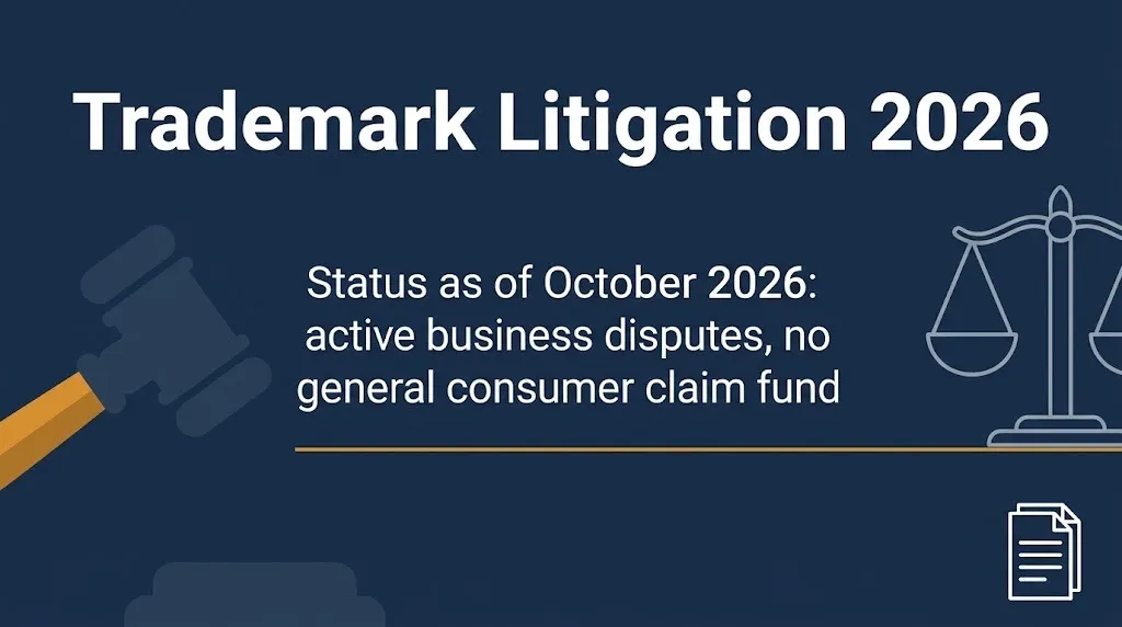 Trademark Litigation 2026 banner showing gavel, scales, and status no consumer claim fund.