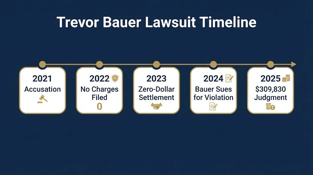 Trevor Bauer lawsuit timeline showing accusation settlement violation and judgment milestones