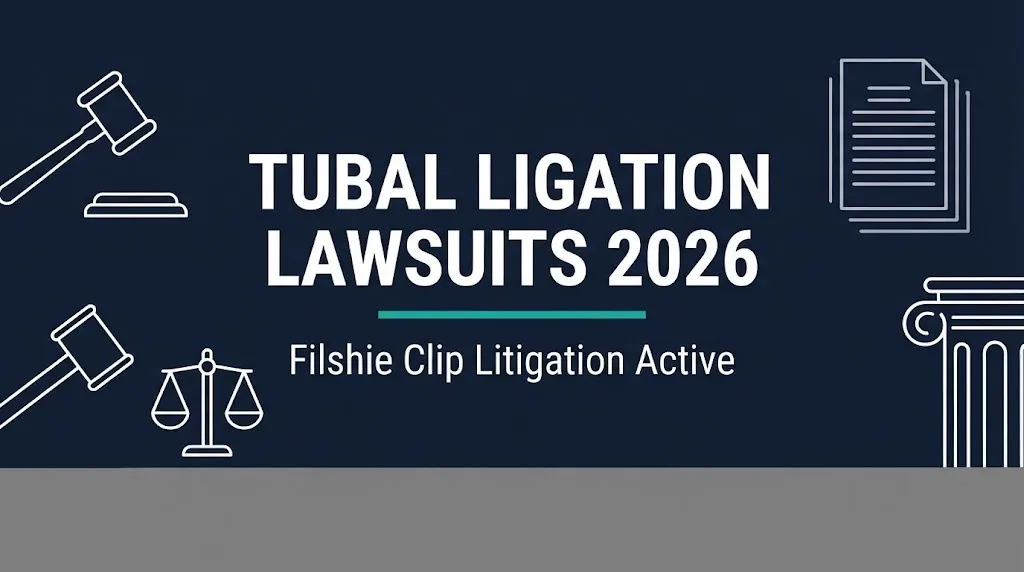 Tubal ligation lawsuits 2026 hero banner with Filshie Clip litigation status and gavel icon.