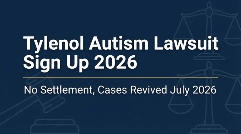 Tylenol autism lawsuit sign up 2026 banner showing no settlement and revived cases.