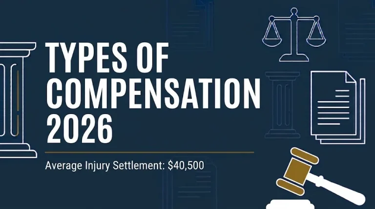 Types of compensation 2026 banner showing average injury settlement of $40,500.