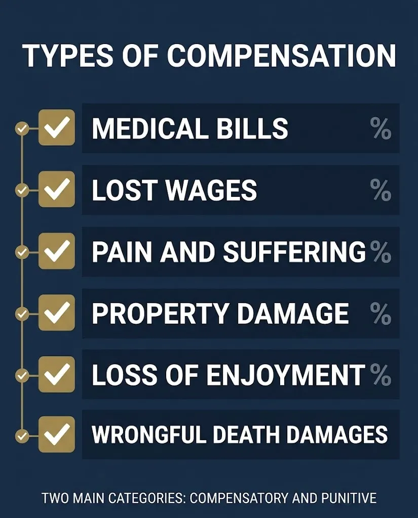 Types of compensation checklist graphic listing medical bills, lost wages, and pain and suffering.