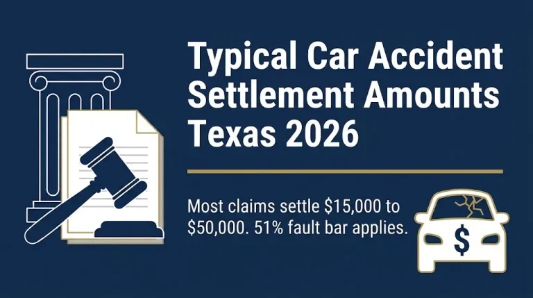 Typical car accident settlement amounts Texas 2026 banner showing common payout ranges and fault rule.