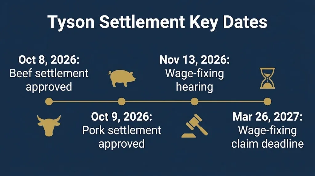 Tyson settlement timeline showing October 2026 approvals, November hearing, and March 2027 deadline