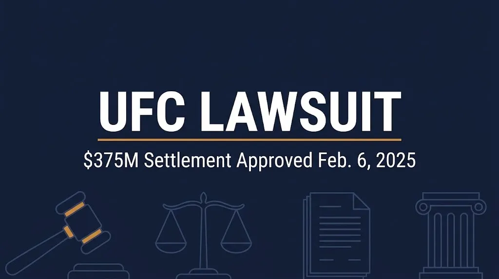 UFC lawsuit banner showing a $375M settlement approved February 6, 2025