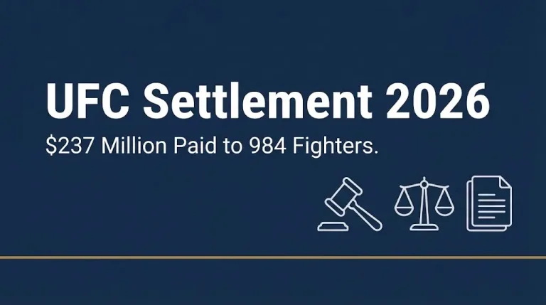 UFC settlement 2026 update banner showing $237 million paid to fighters.