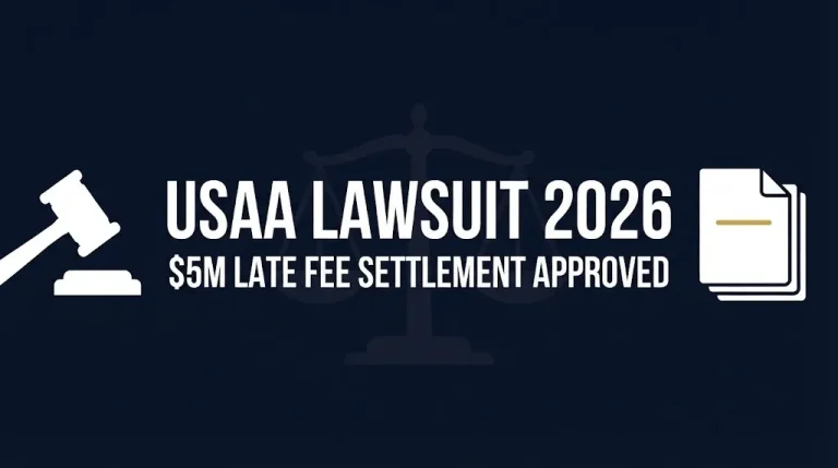 USAA lawsuit 2026 $5M late fee settlement and active cases infographic banner