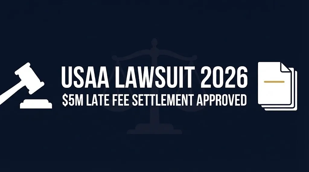 USAA lawsuit 2026 $5M late fee settlement and active cases infographic banner