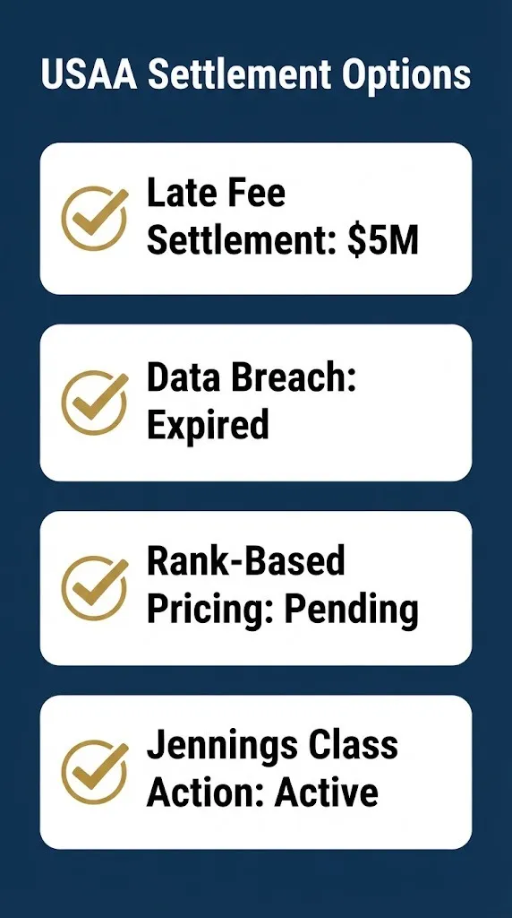 USAA settlement options checklist showing late fee data breach and active class actions