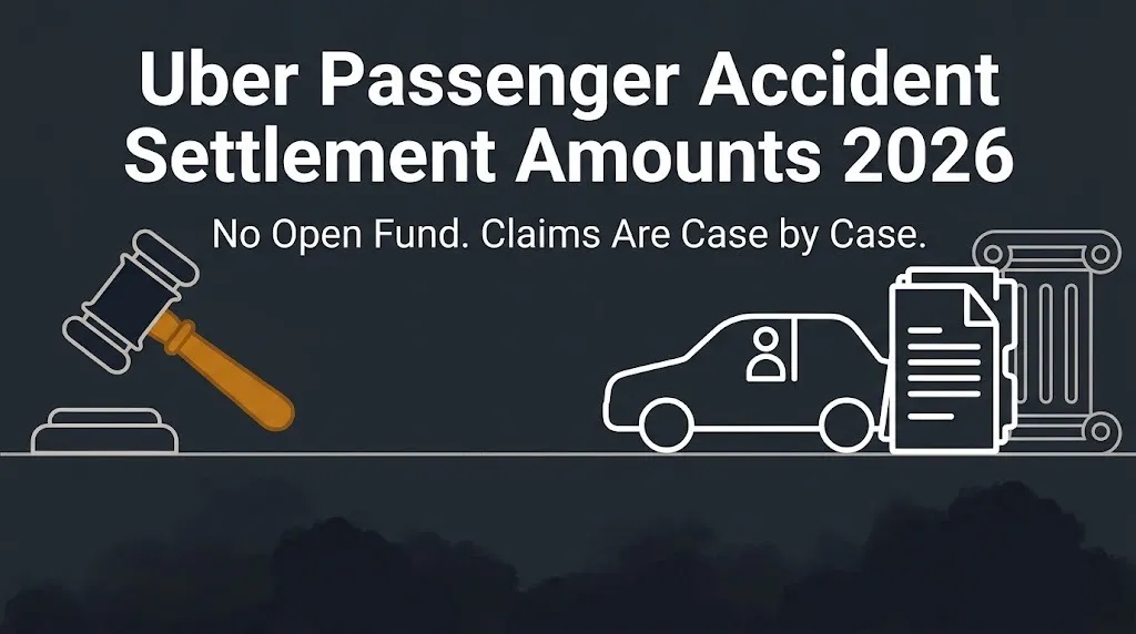 Uber passenger accident settlement amounts 2026 banner showing no open fund and case-by-case claims.