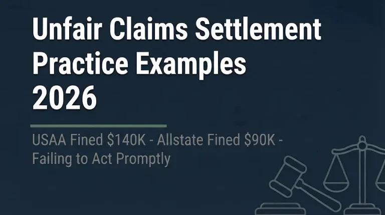 Unfair claims settlement practice examples 2026 banner showing USAA and Allstate fines.