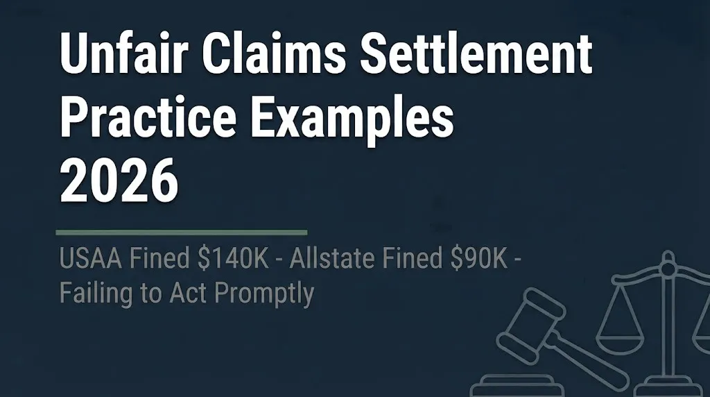 Unfair claims settlement practice examples 2026 banner showing USAA and Allstate fines.
