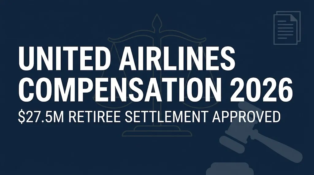 United Airlines compensation 2026 hero banner showing $27.5M retiree settlement approved.