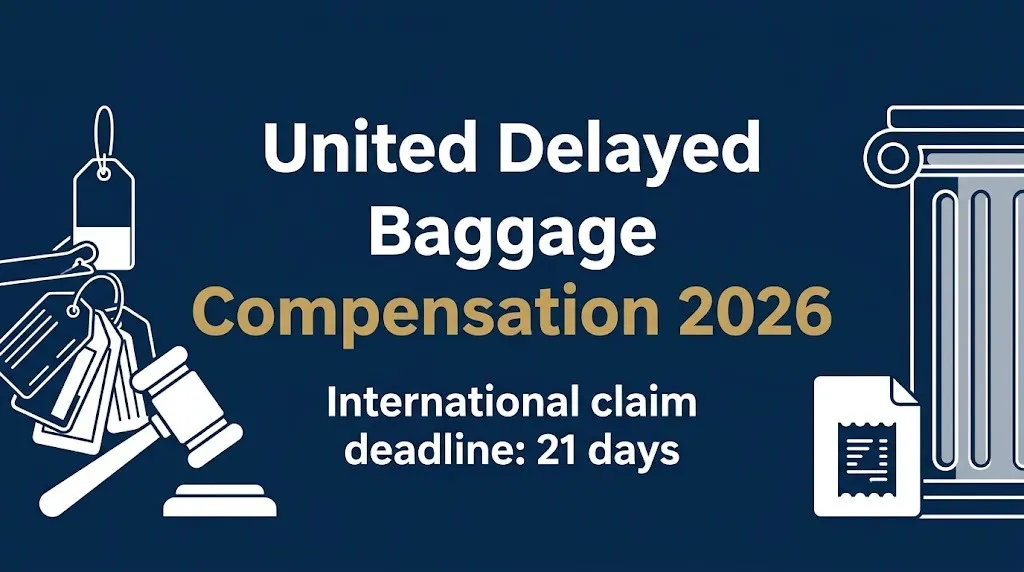United delayed baggage compensation 2026 hero banner with 21-day international claim deadline.