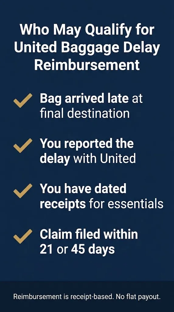 United delayed baggage compensation eligibility checklist with 21 or 45 day claim deadlines.