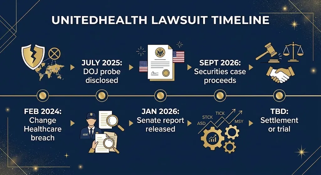 UnitedHealth lawsuit timeline from 2024 breach to 2026 securities case ruling.