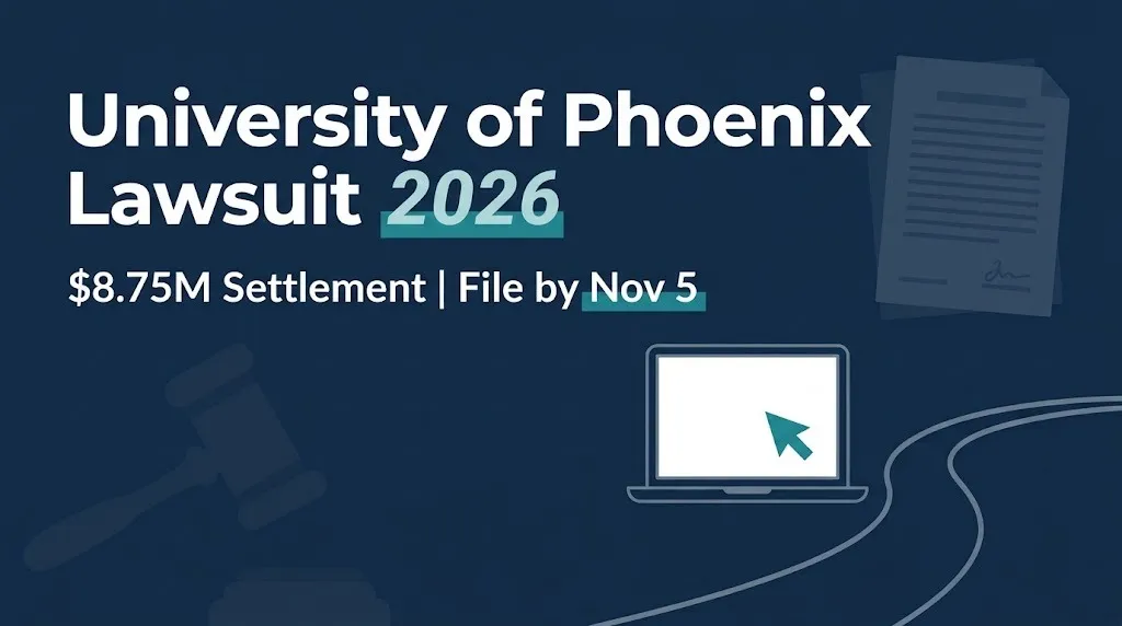 University of Phoenix lawsuit 2026 banner showing $8.75 million settlement and November 5 claim deadline.