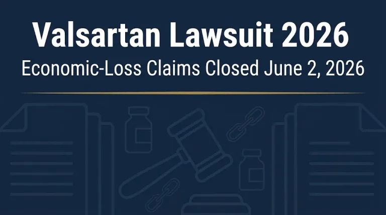 Valsartan lawsuit 2026 banner noting economic-loss claim deadline closed June 2, 2026.