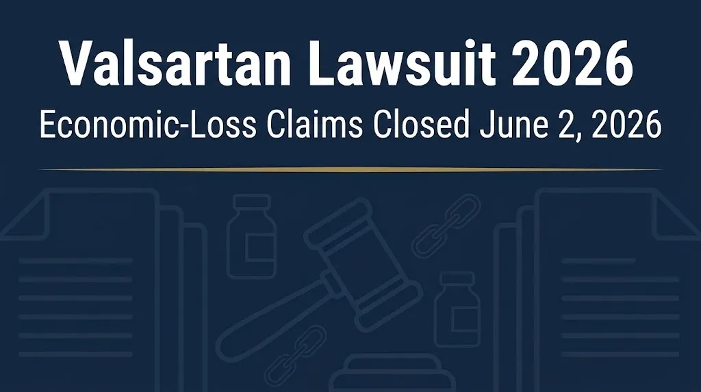 Valsartan lawsuit 2026 banner noting economic-loss claim deadline closed June 2, 2026.