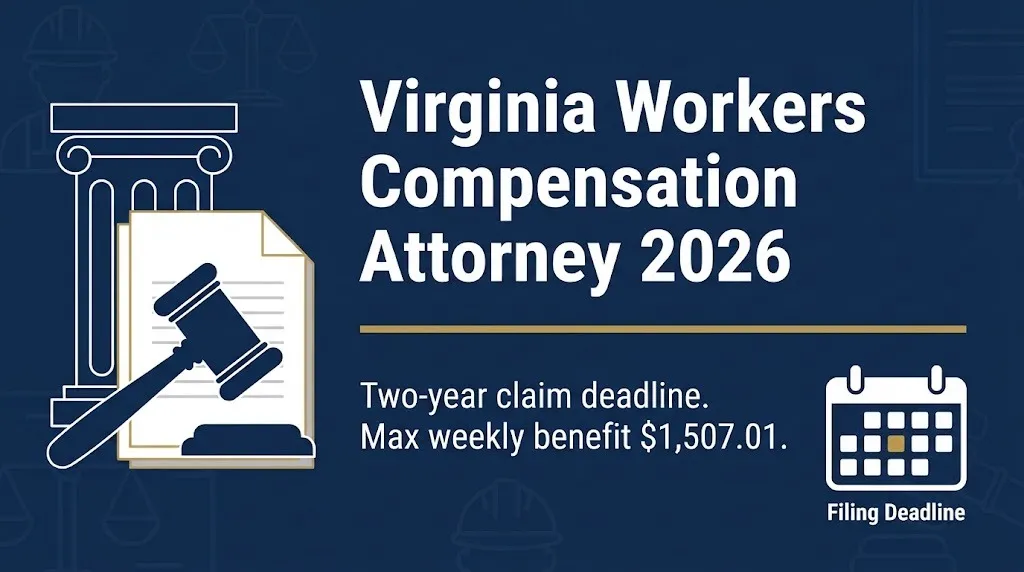 Virginia workers compensation attorney 2026 banner showing claim deadline and maximum weekly benefit.