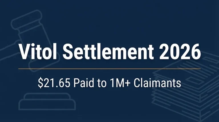 Vitol settlement 2026 banner showing the $21.65 payment to over one million claimants.