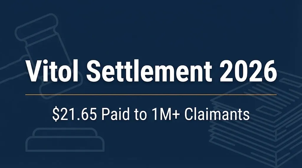 Vitol settlement 2026 banner showing the $21.65 payment to over one million claimants.
