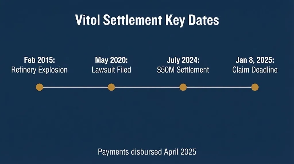 Vitol settlement timeline showing the 2015 refinery explosion, 2020 lawsuit, 2024 settlement, and 2025 claim deadline.