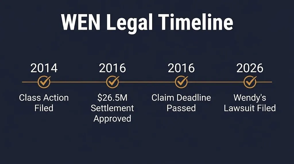 WEN lawsuit timeline graphic showing 2014 class action through 2026 Wendy's lawsuit.