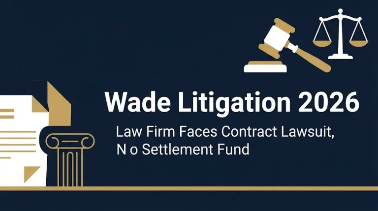 Wade Litigation 2026 hero banner showing firm faces contract lawsuit with no settlement fund available.