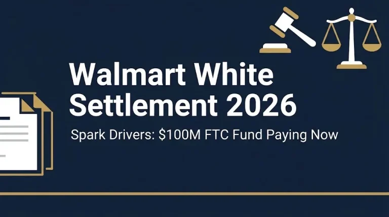 Walmart white settlement 2026 hero banner showing Spark driver fund and FTC payout status.