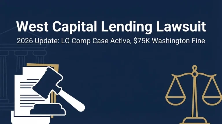 West Capital Lending lawsuit 2026 banner with gavel icon and case status details.