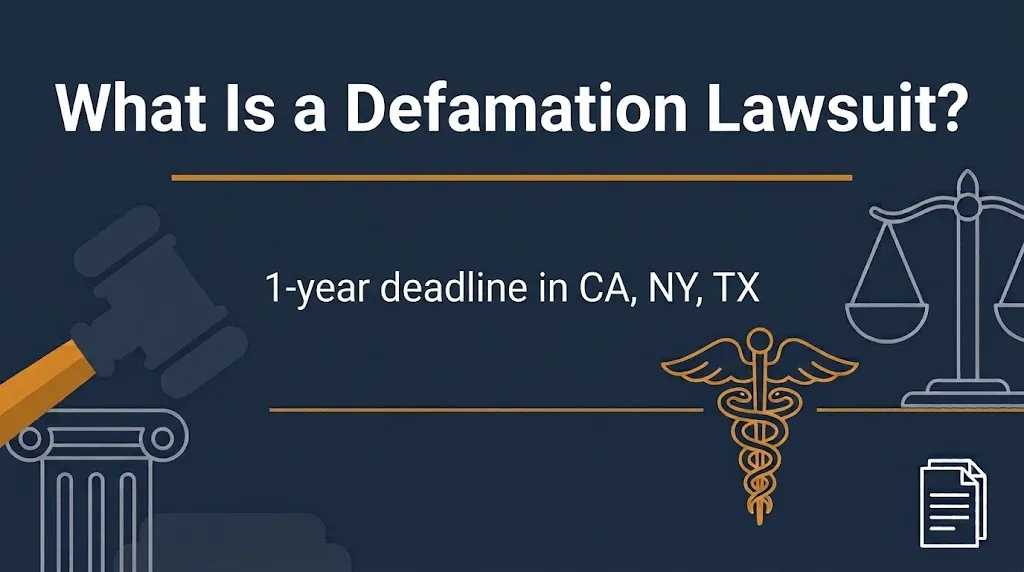 What is a defamation lawsuit banner noting the one-year filing deadline in California, New York, and Texas