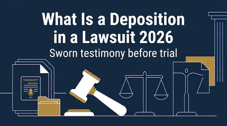 What is a deposition in a lawsuit 2026 banner explaining sworn testimony before trial.