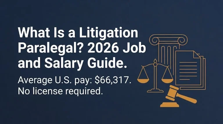 What is a litigation paralegal 2026 banner showing average pay of $66,317 and no license requirement