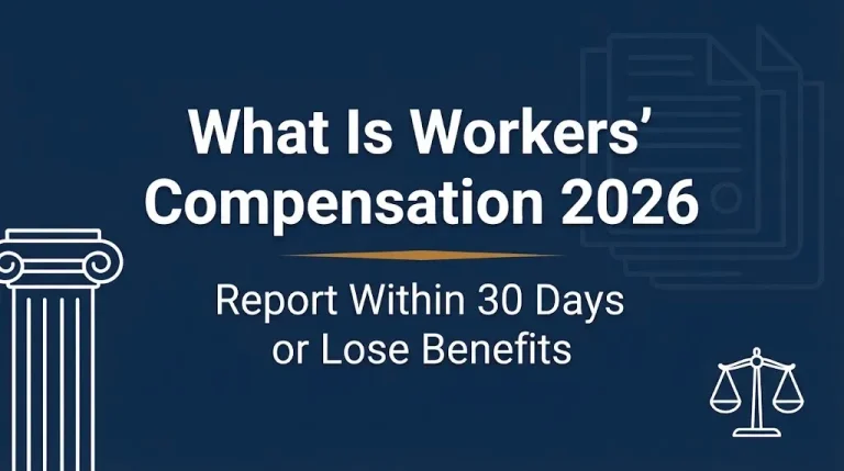 What is workers' compensation 2026 hero banner with 30-day reporting deadline and courthouse imagery.