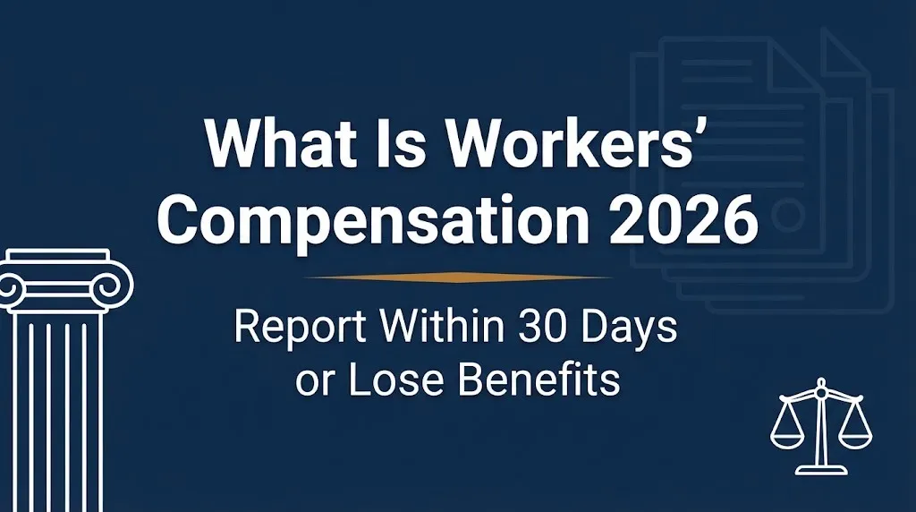 What is workers' compensation 2026 hero banner with 30-day reporting deadline and courthouse imagery.