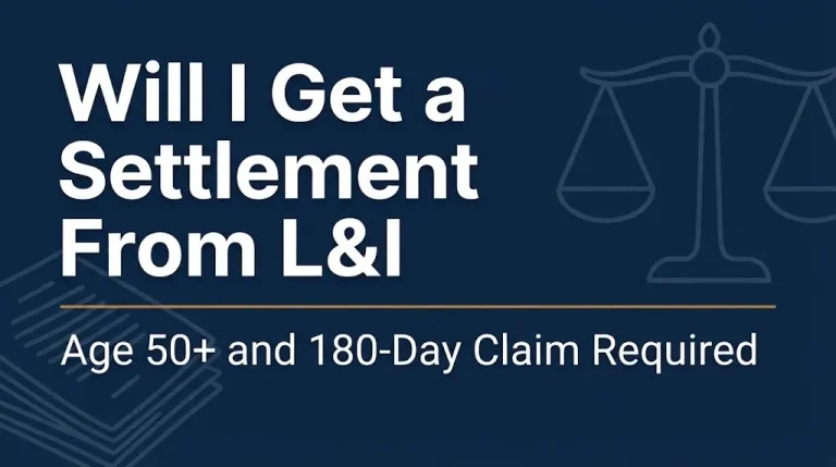 Will I get a settlement from L&I banner showing the age 50 and 180-day eligibility rules.