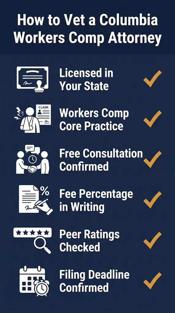 Workers comp attorney Columbia checklist showing six vetting steps including license, fees, and filing deadline.