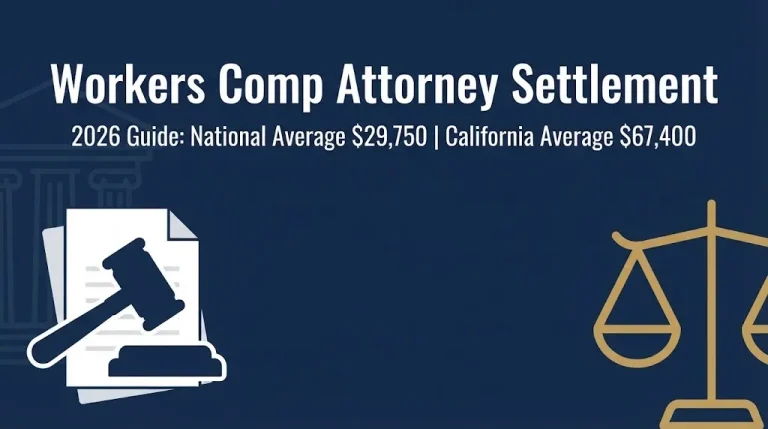 Workers comp attorney settlement 2026 guide banner with gavel icon and average settlement figures.