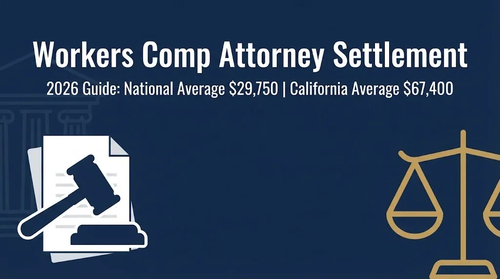 Workers comp attorney settlement 2026 guide banner with gavel icon and average settlement figures.