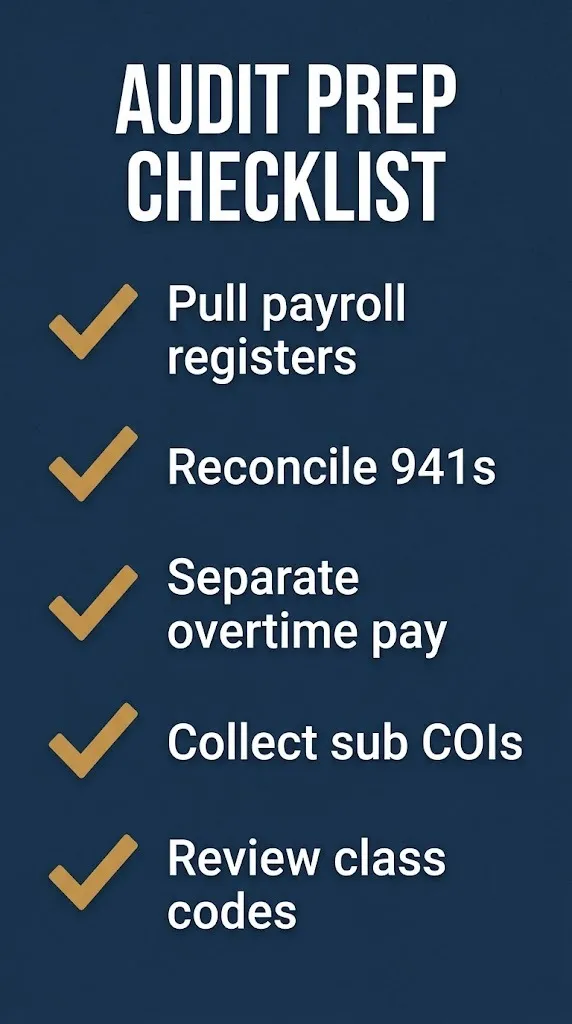 Workers comp audit prep checklist payroll registers, 941s, overtime, subcontractor COIs, class codes.