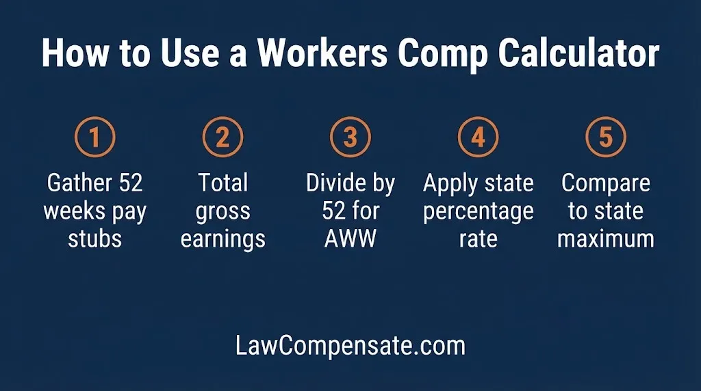 Workers comp calculator steps showing how to estimate benefits from average weekly wage.