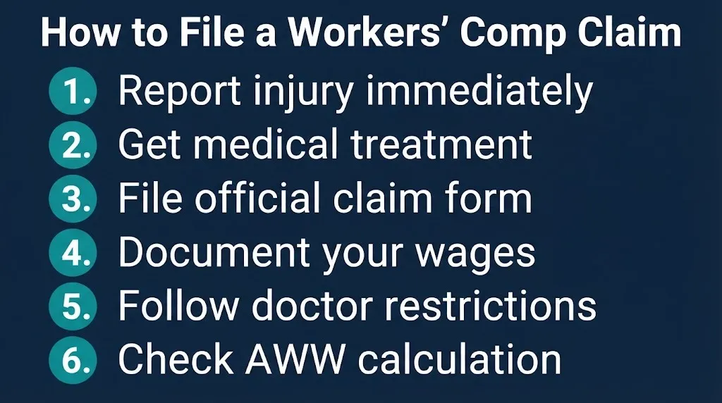 Workers' comp claim filing steps graphic with six numbered actions from reporting injury to checking wage calculations.