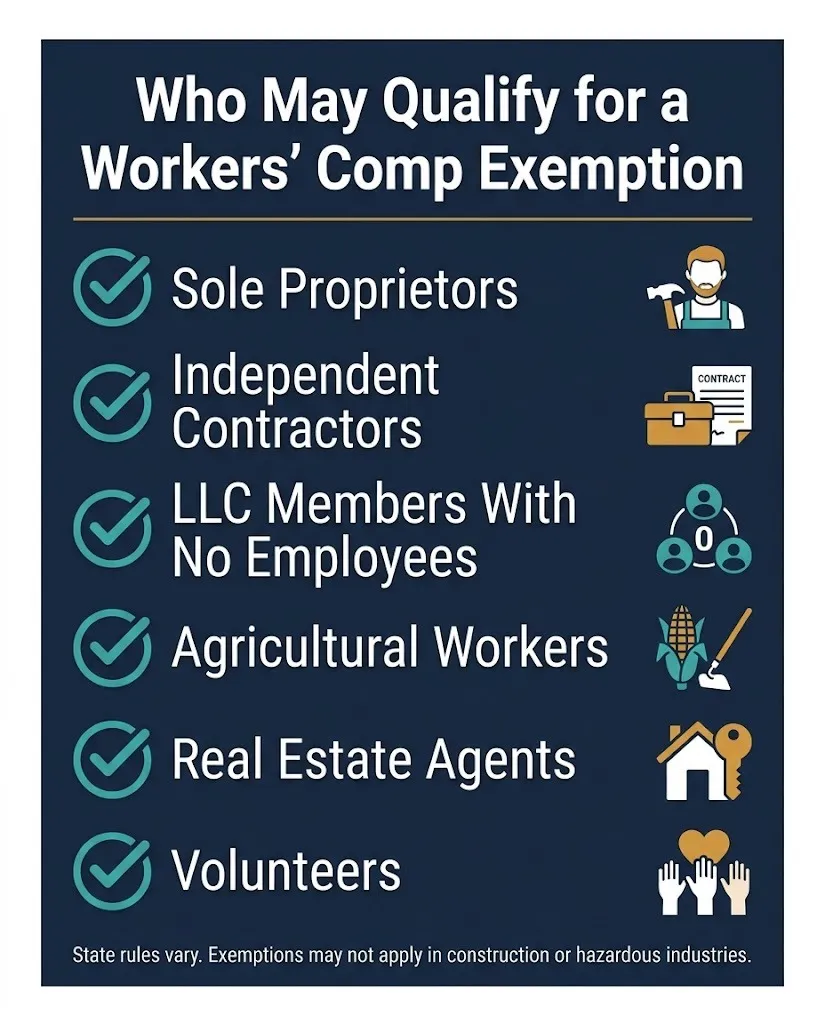 Workers comp exemption checklist graphic showing sole proprietors, independent contractors, and LLC members may qualify in 2026.