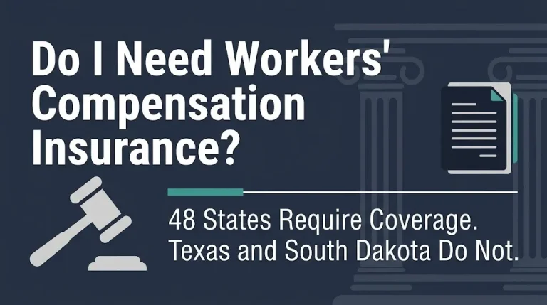 Workers' comp insurance requirements 2026 banner showing 48 states require coverage and Texas and South Dakota do not.